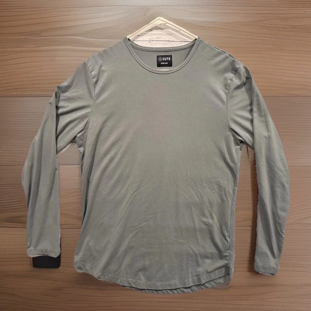 X Cuts Clothing Mens Pyca Pro Shirt L Gray Curve Hem Crew Neck Long Sleeve Tee